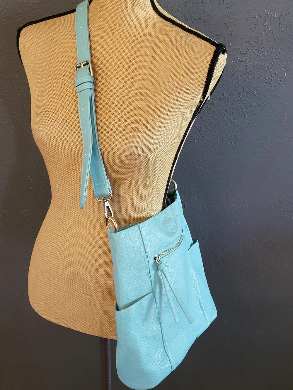 Kayleigh Side Pocket Bucket Bag Aquamarine Pebbled Vegan Leather